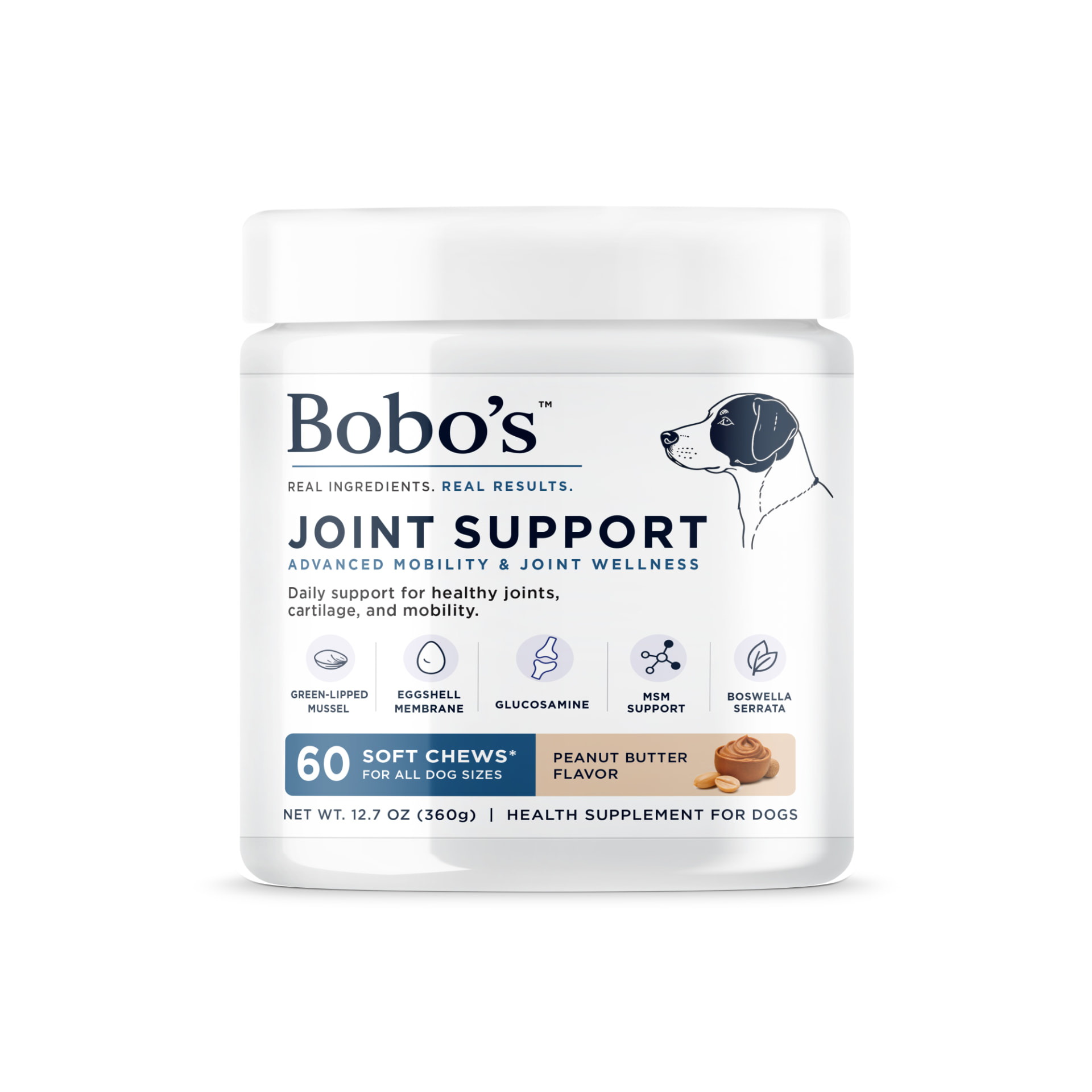 Front of the Bobo's Joint Support jar, 60 soft chews, peanut butter flavor