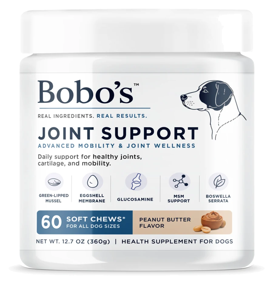 Bobo's Joint Support jar, 60 peanut butter flavored soft chews for dogs