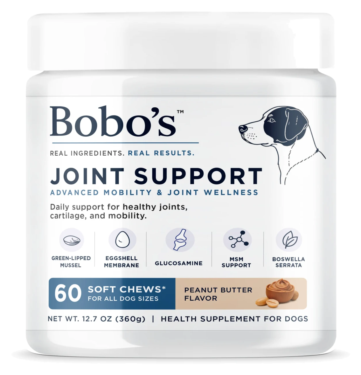Bobo's Joint Support jar, 60 peanut butter flavored soft chews for dogs
